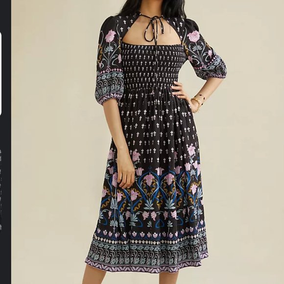 Anthropologie Dresses & Skirts - Anthropologie Dasha Black Floral Smocked Midi Dress Sz S
